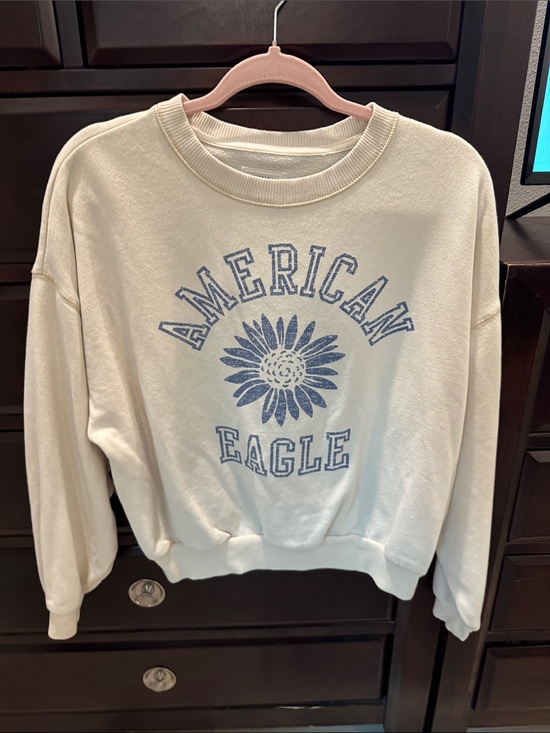 American Eagle Outfitters Tops - American Eagle Outfitters Cream Crewneck Sweatshirt with Blue Flower Graphic